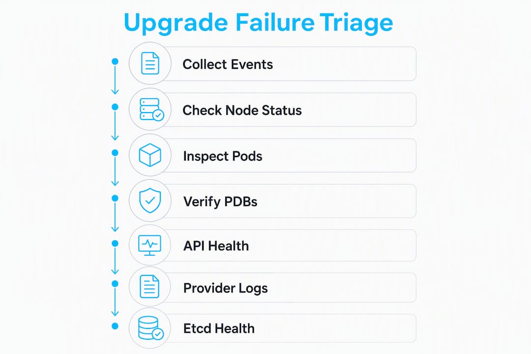 Infographic outlining Kubernetes upgrade failure triage steps