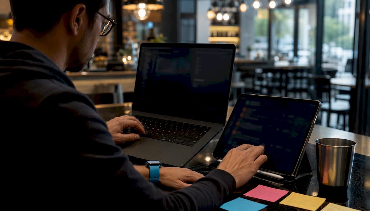 Hands managing alerts and incident data at home desk
