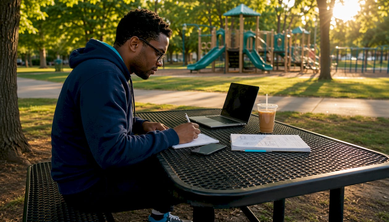 Hands writing AI model cost control notes outdoors