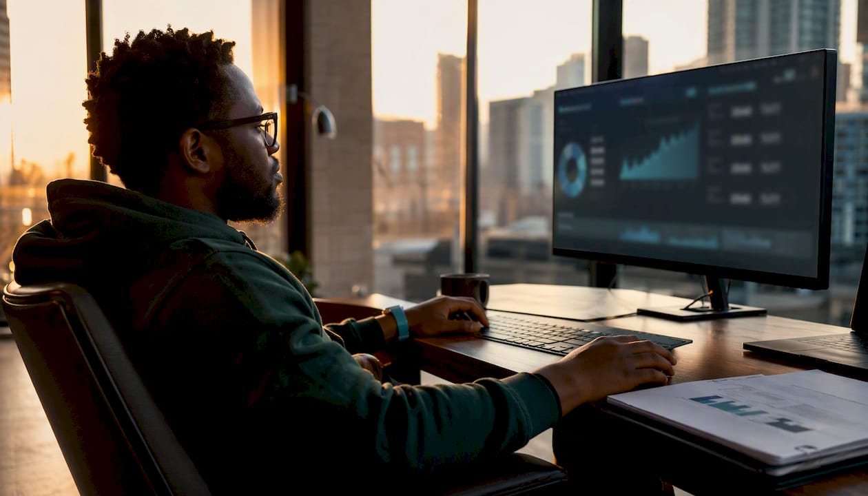 Over-shoulder view of engineer monitoring cloud data