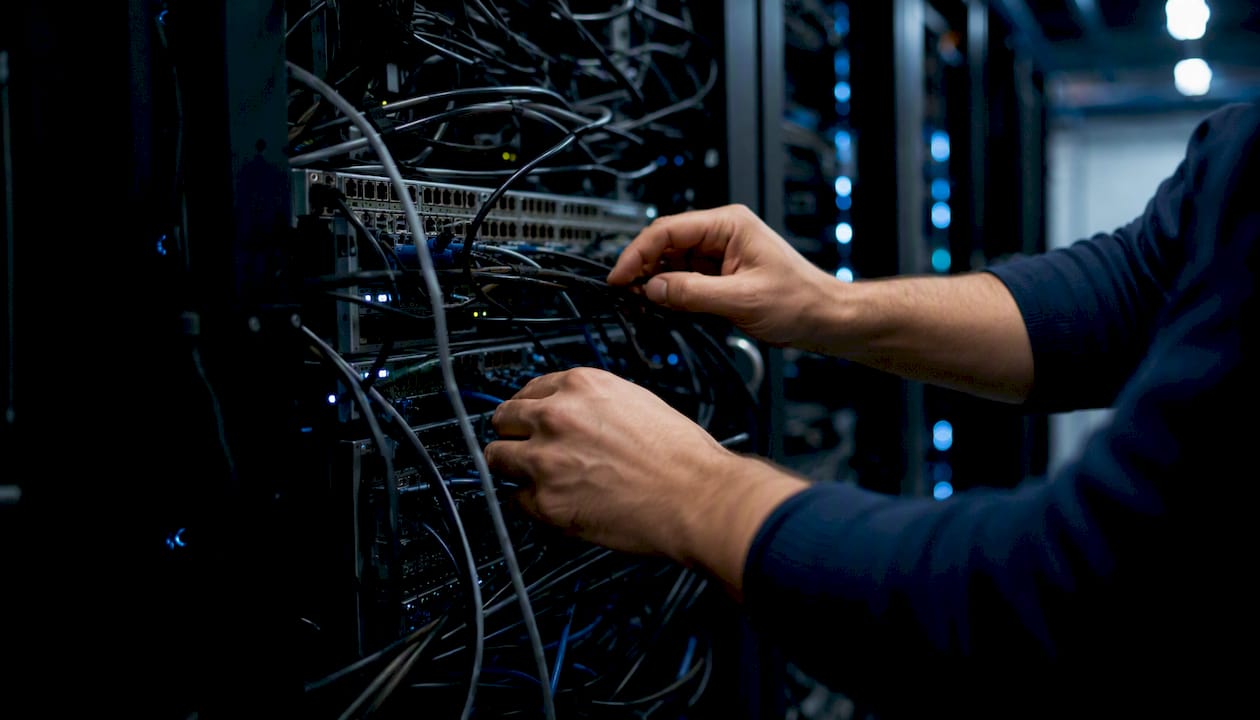 Hands adjusting network switch in server room