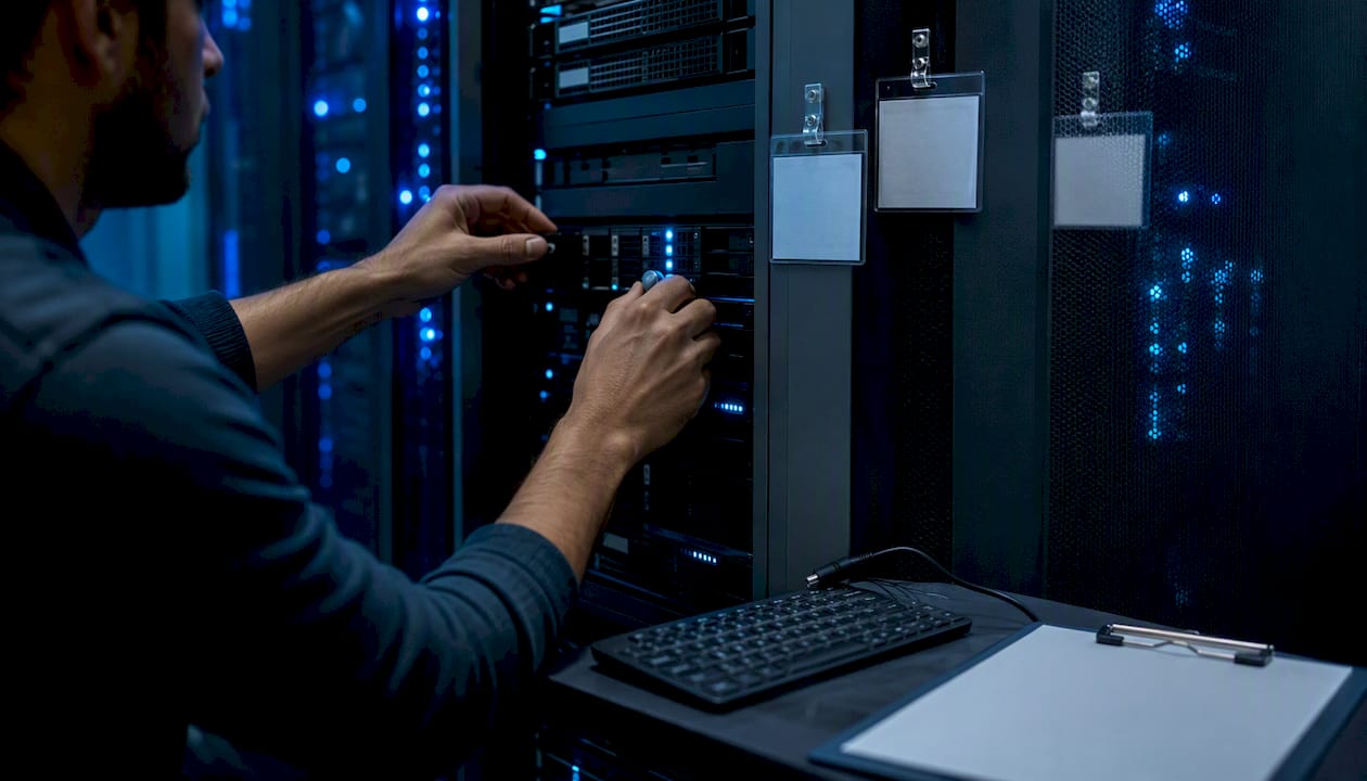 Hands toggling switch in server room for dry-run