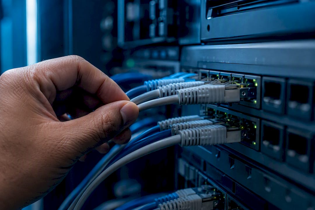 Close-up of network cables and switch ports