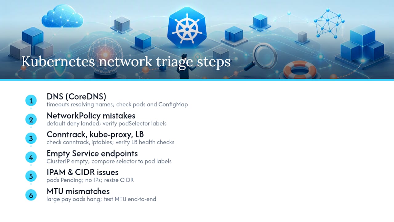 Diagram of Kubernetes network issues with symptoms and fixes