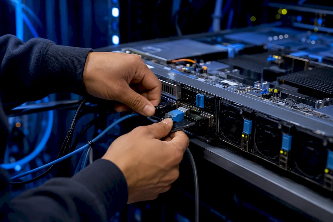 Hands attaching storage and network cables to server