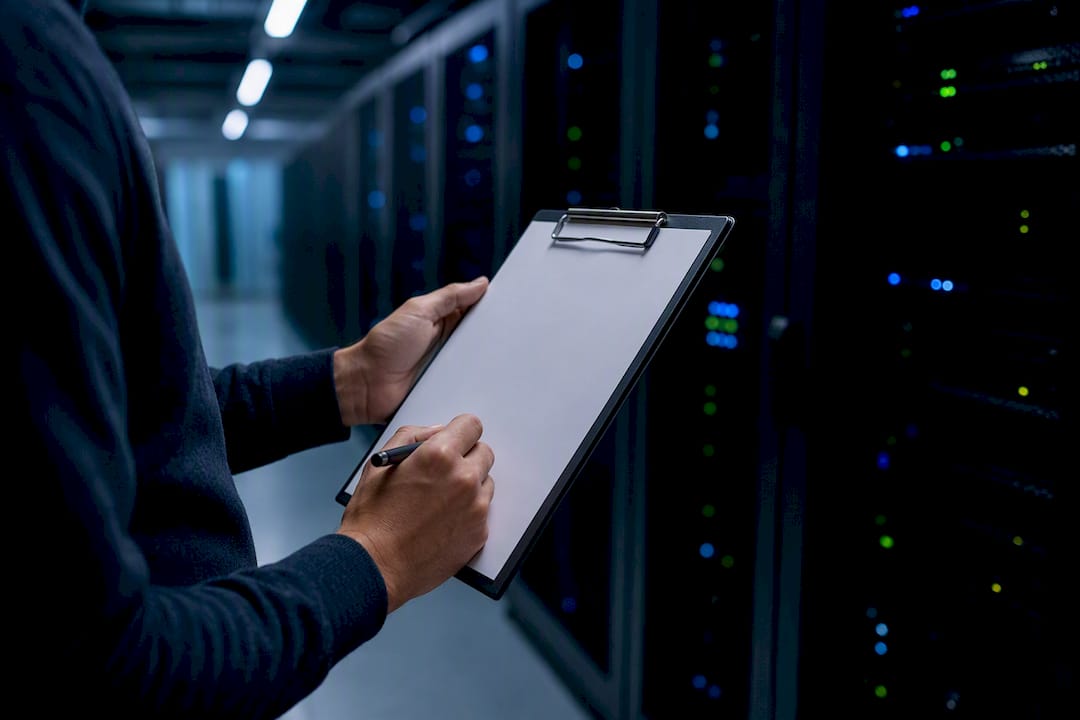 Hands with DevOps checklist near server rack