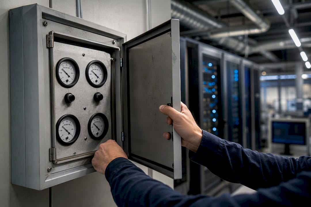 Hands checking environmental control panel gauges