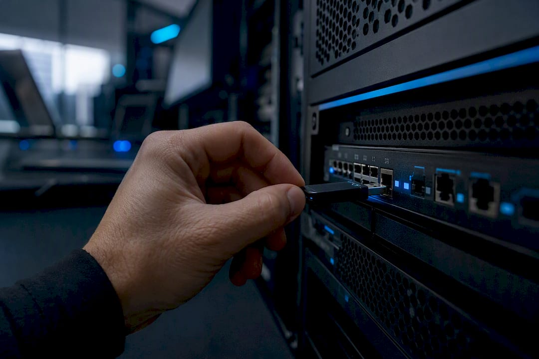 Hand inserting security key into network switch