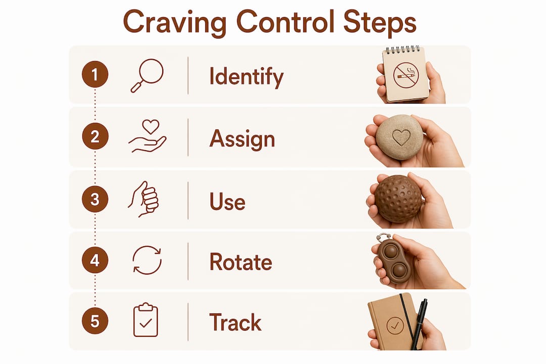 Infographic showing steps to manage cravings with hand tools