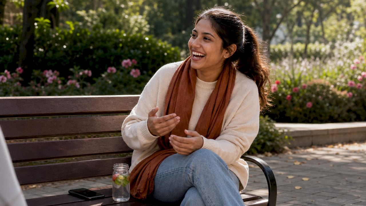 Woman smiling in café patio social setting