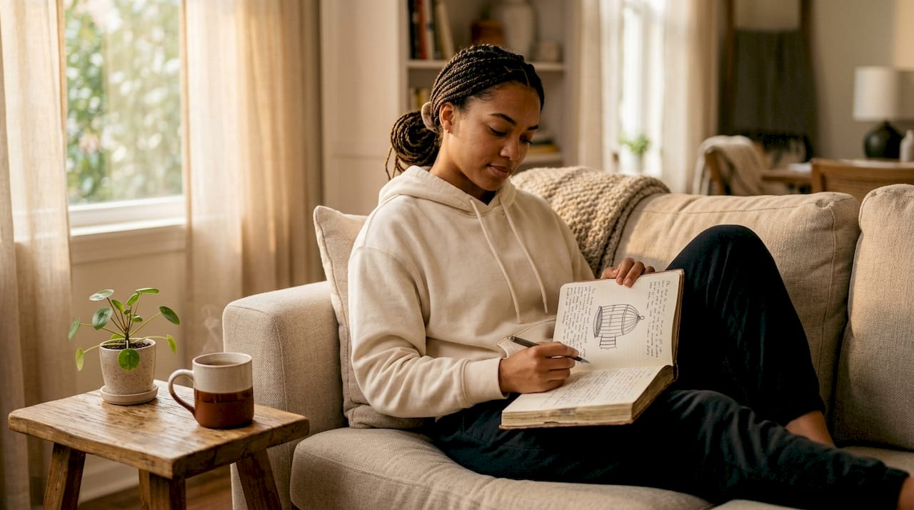 Woman journaling mood improvements after quitting