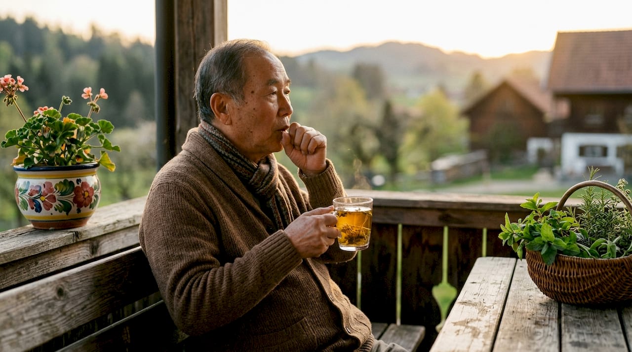 Elderly man coughing and drinking water for lung recovery