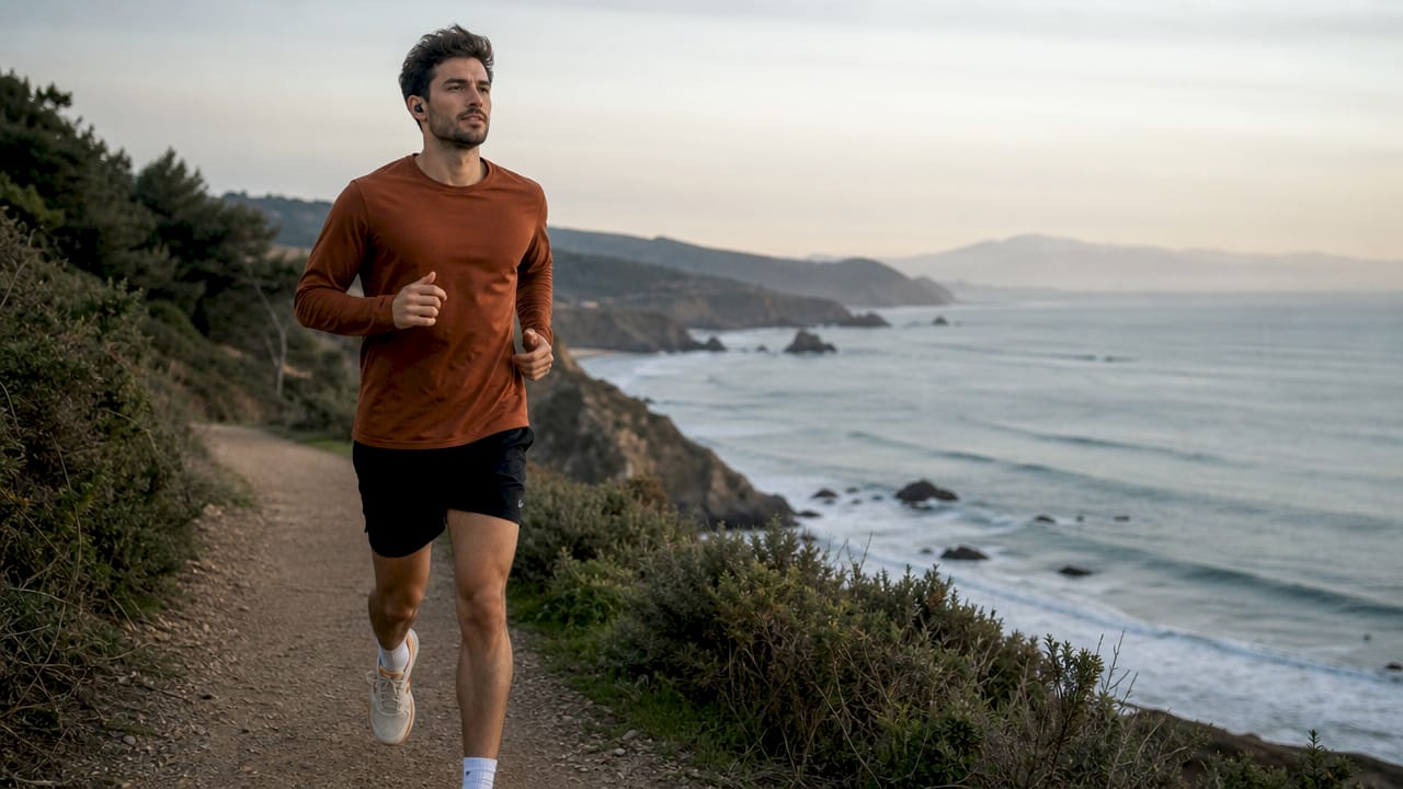 Young man jogging outdoors, improved lungs