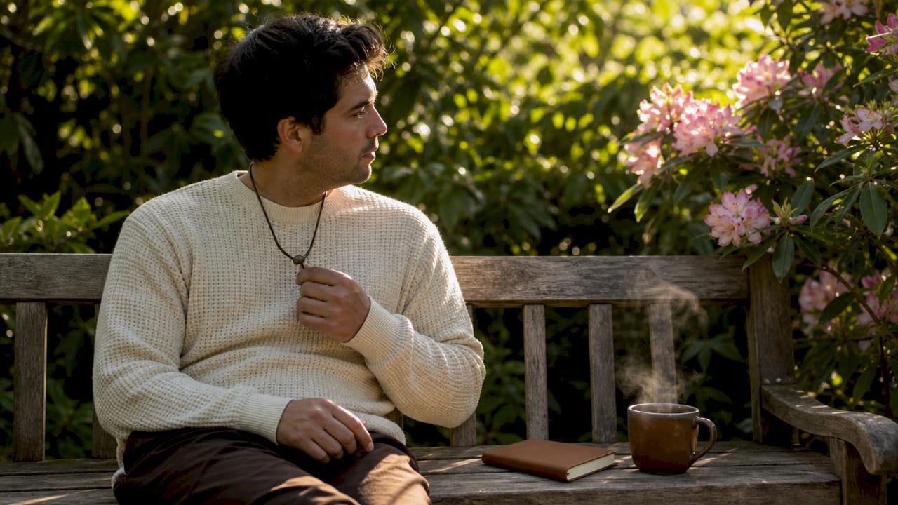 Man holding resistance necklace mindfully