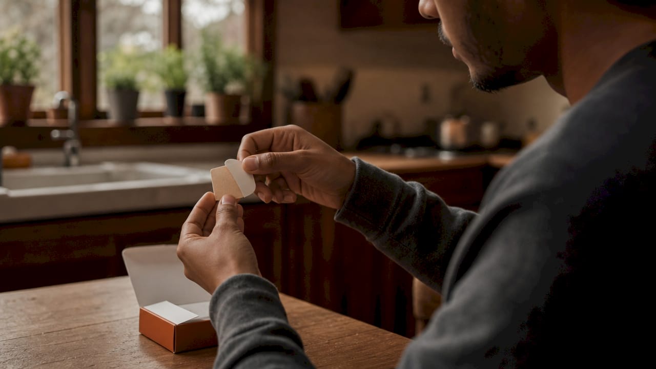 Hands peeling nicotine patch packaging
