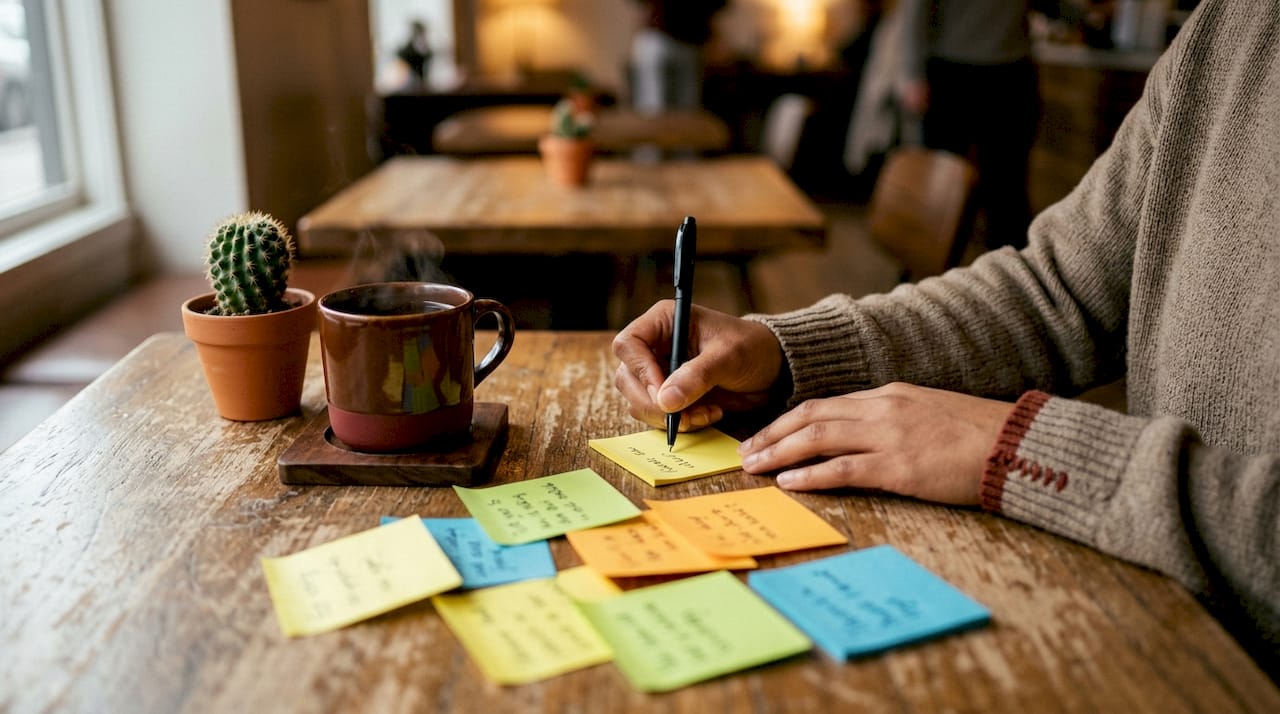 Hands writing smoking triggers on sticky notes