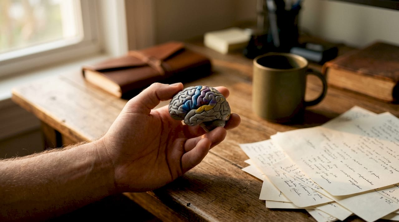 Hand holding brain model highlighting nicotine receptors