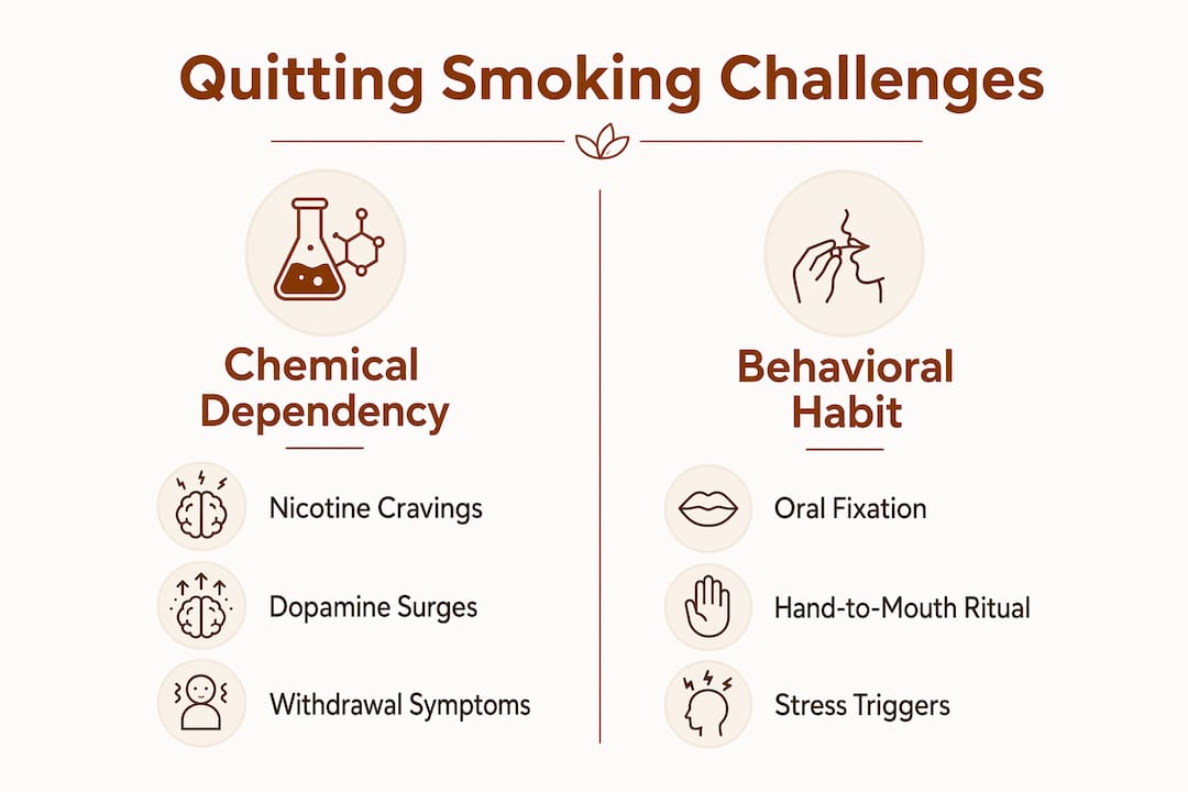 Infographic comparing chemical and behavioral challenges in quitting smoking
