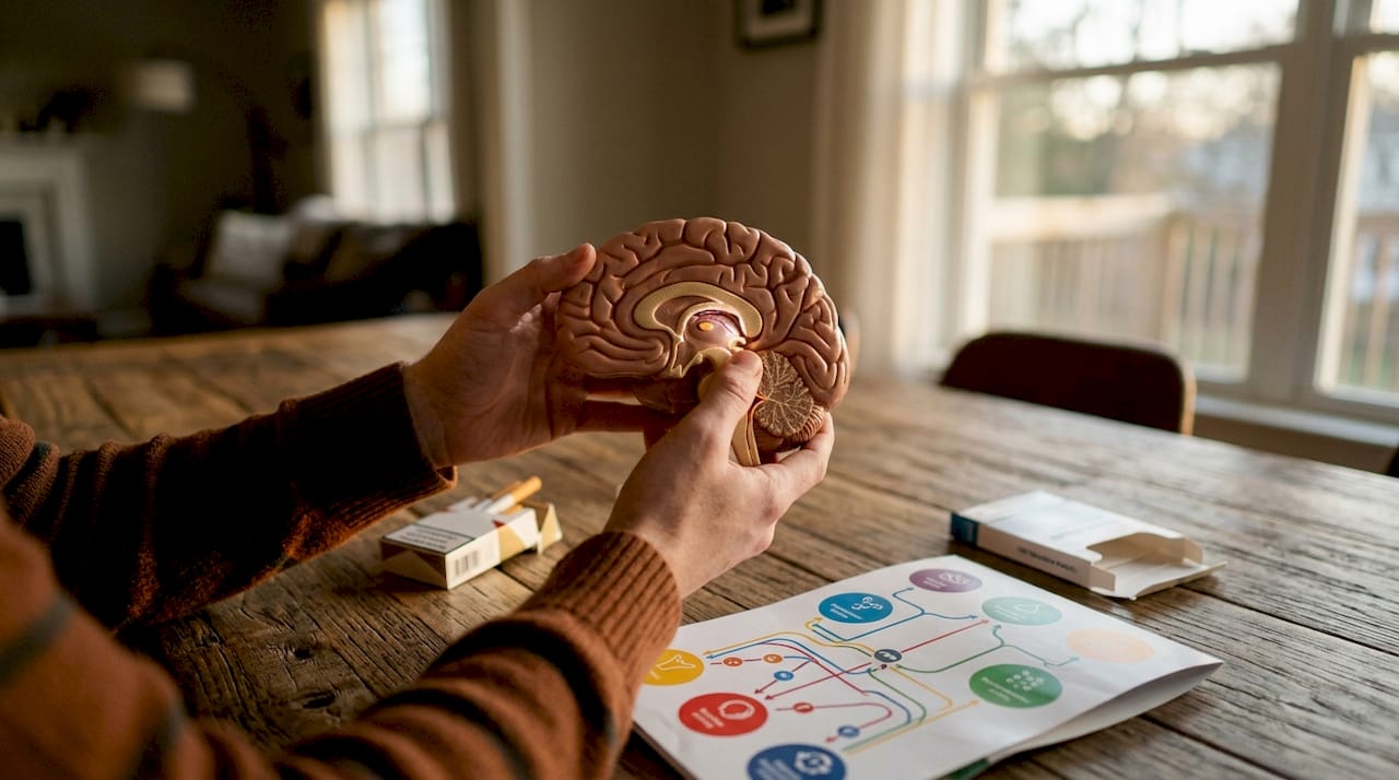 Hands holding brain model illustrating nicotine effects