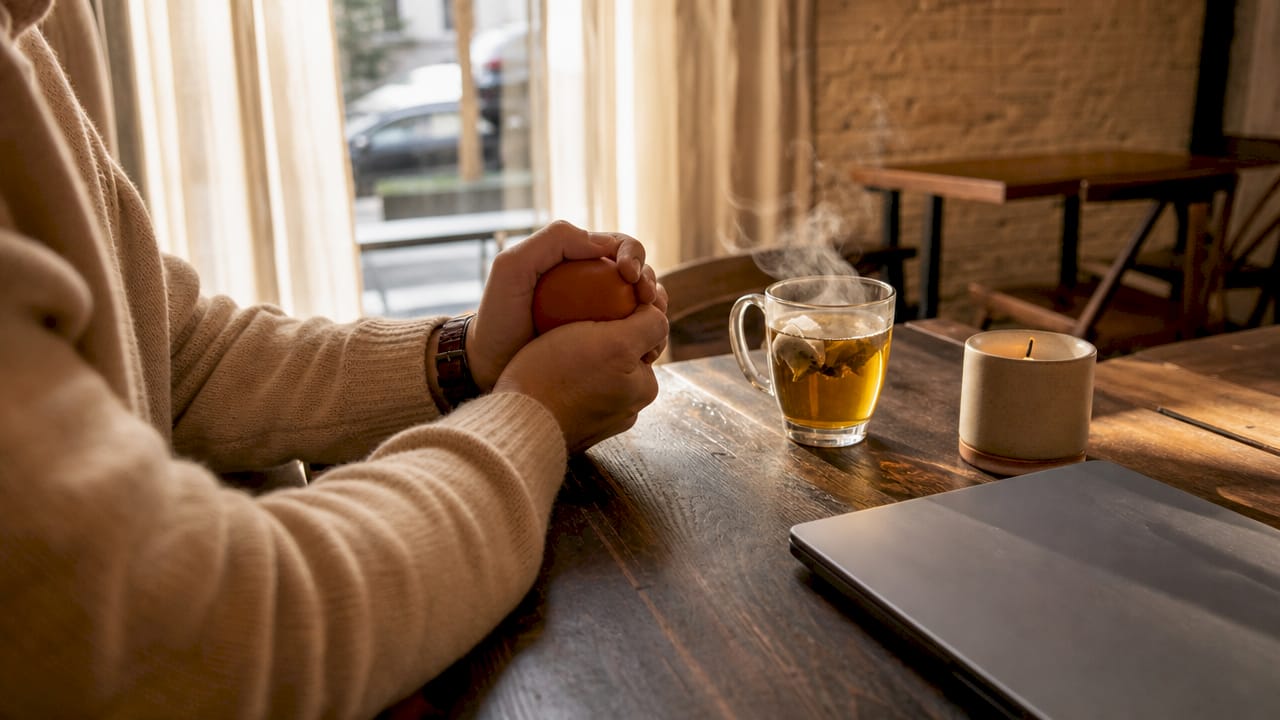 Hands holding stress ball at home desk