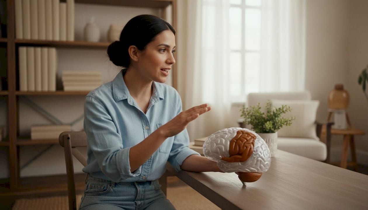 Neuroscientist explaining basal ganglia with brain model