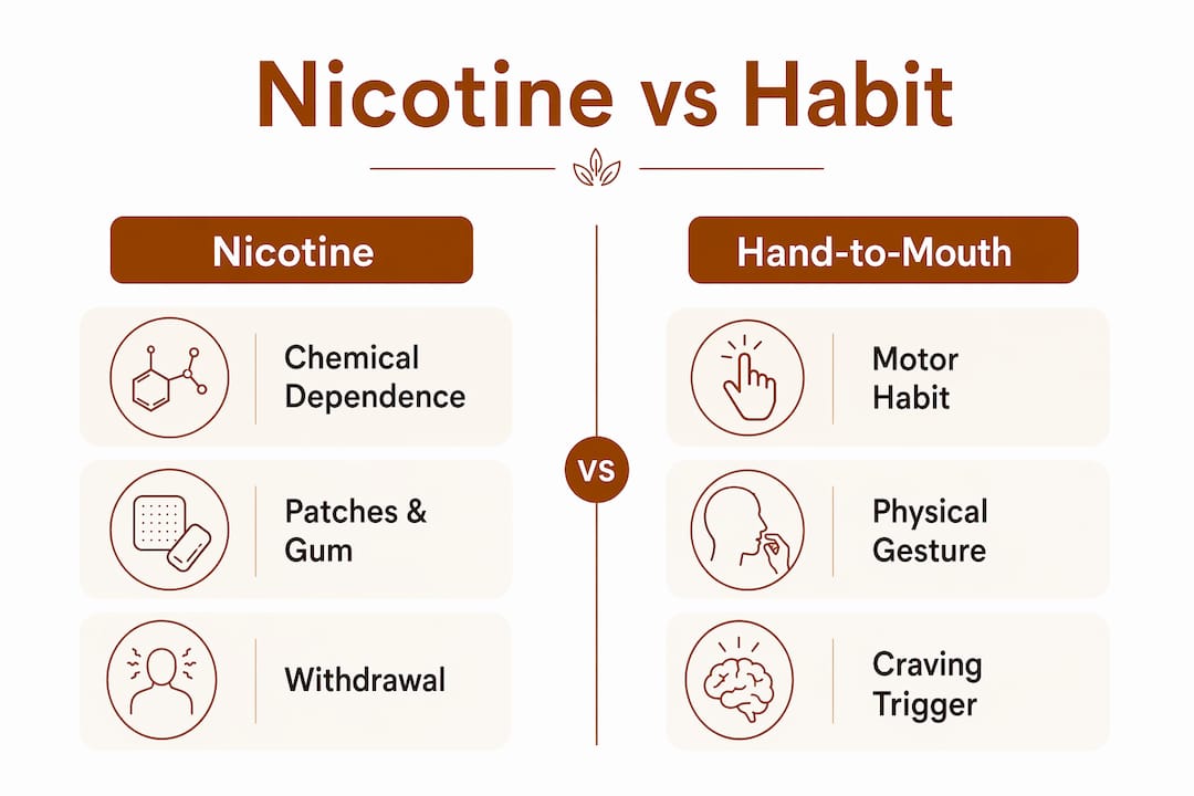 Infographic comparing nicotine chemical dependence and hand-to-mouth habit