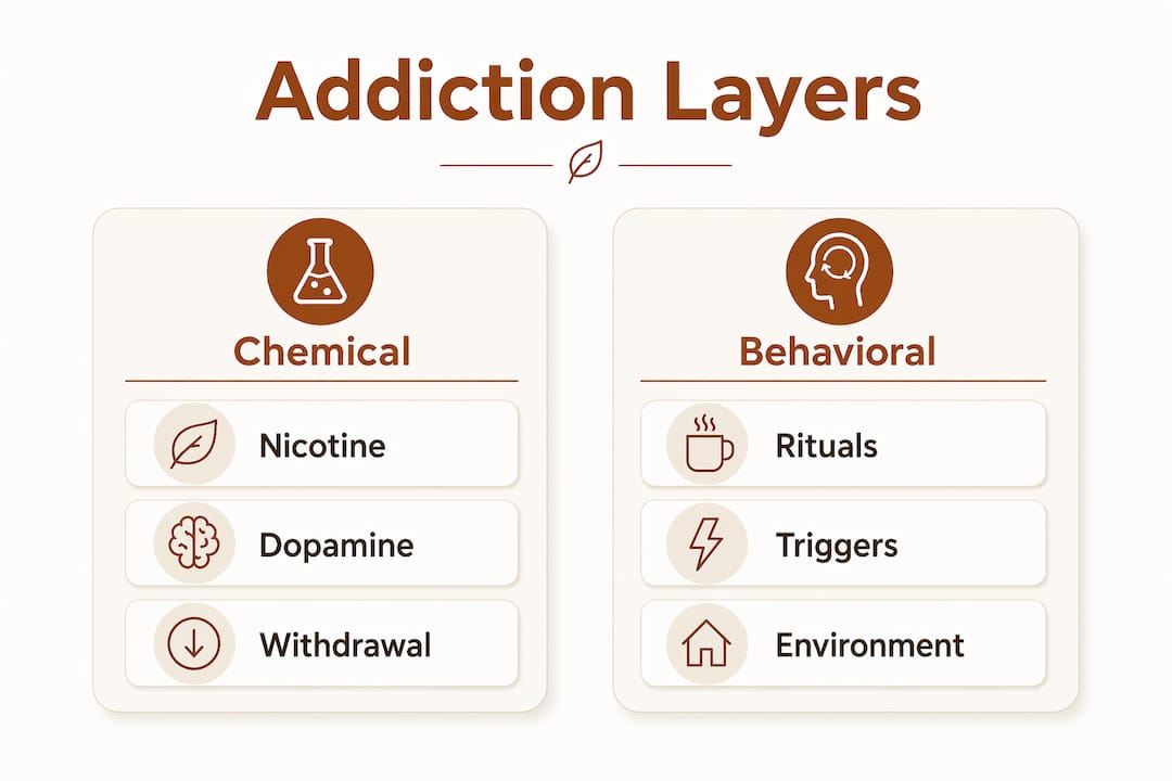 Infographic comparing chemical and behavioral addiction layers