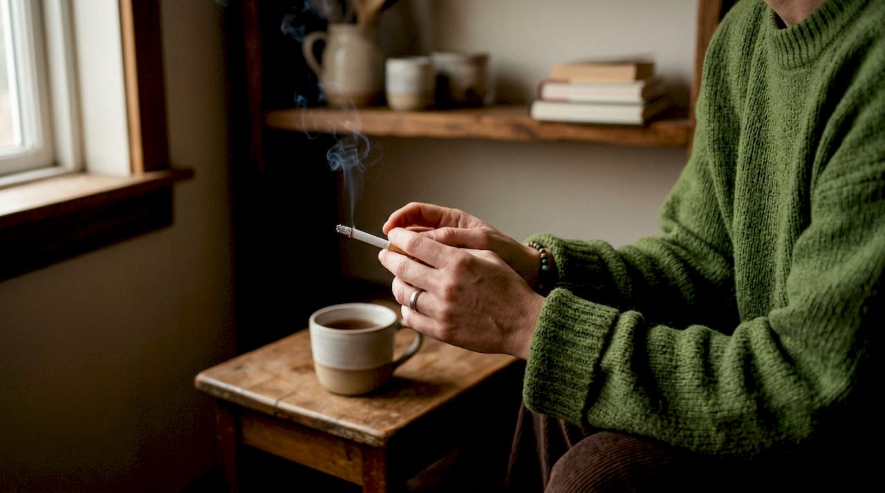 Close-up hands holding lit cigarette indoors