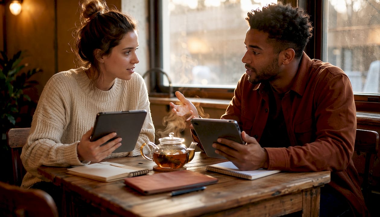 Group collaborating with digital devices in coworking space