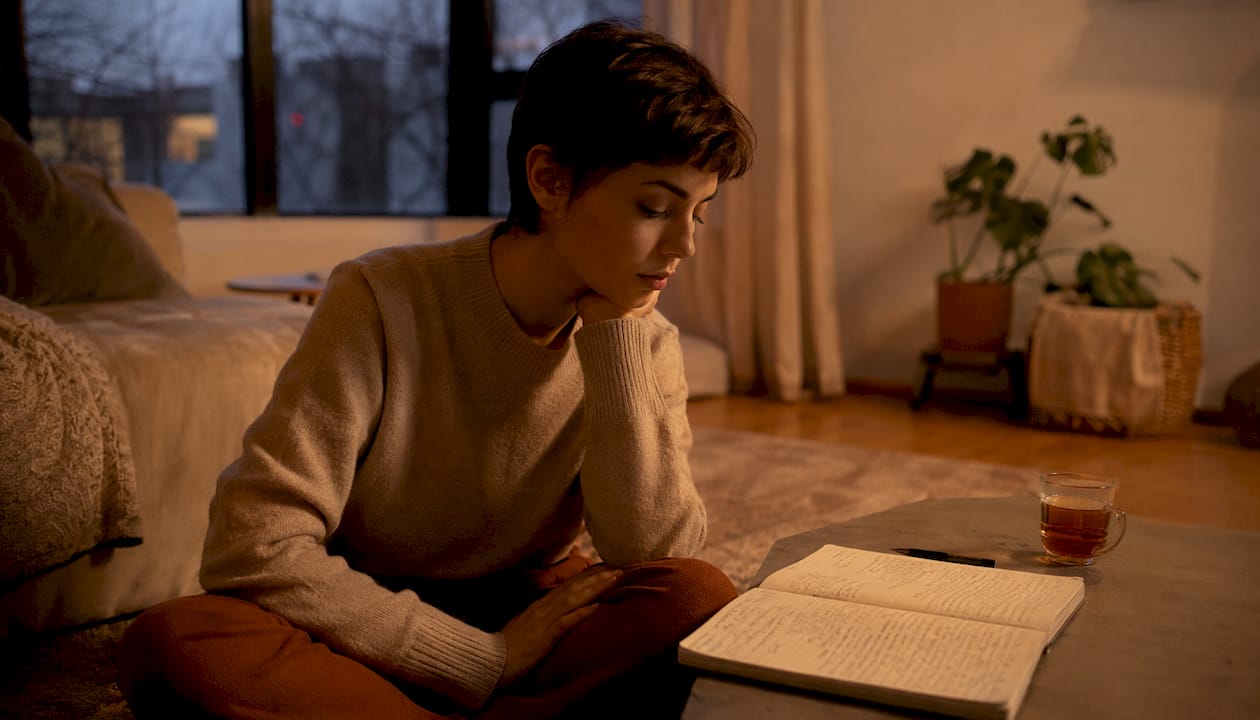 Woman journaling relapse stages at kitchen table