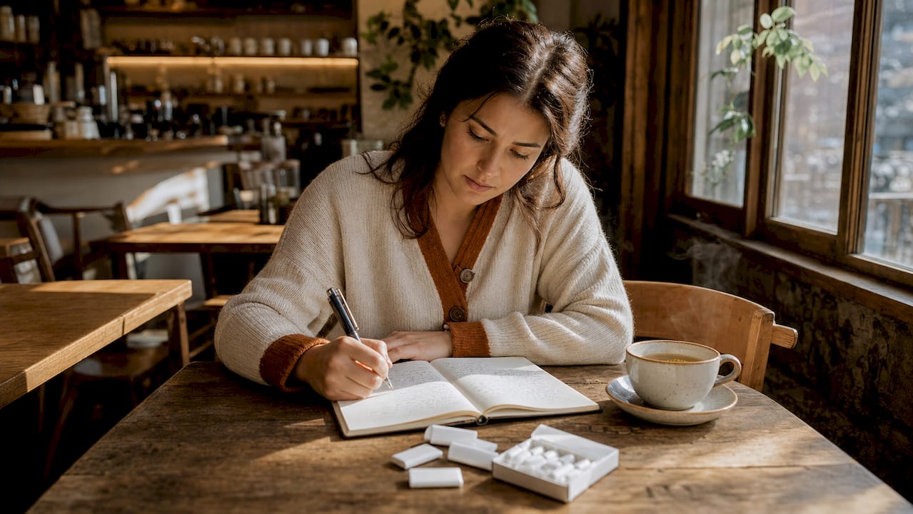 Woman managing smoking triggers with journal and tea