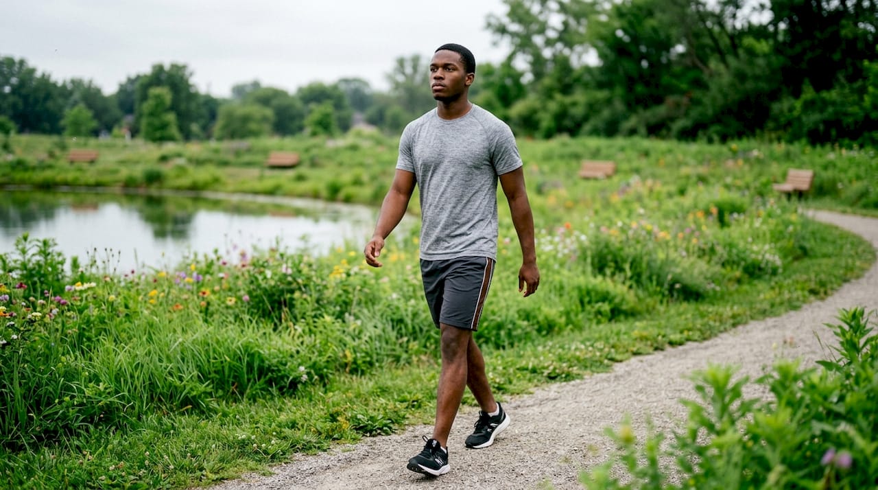 Young man walking outside to manage craving on quit day