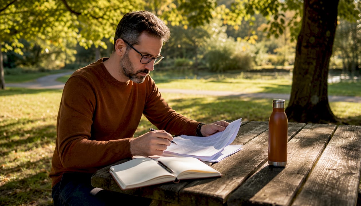 Man reviewing research papers on quitting goals