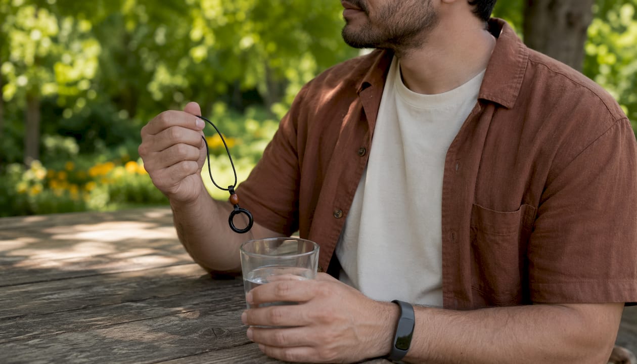 Hands holding necklace and water as reward
