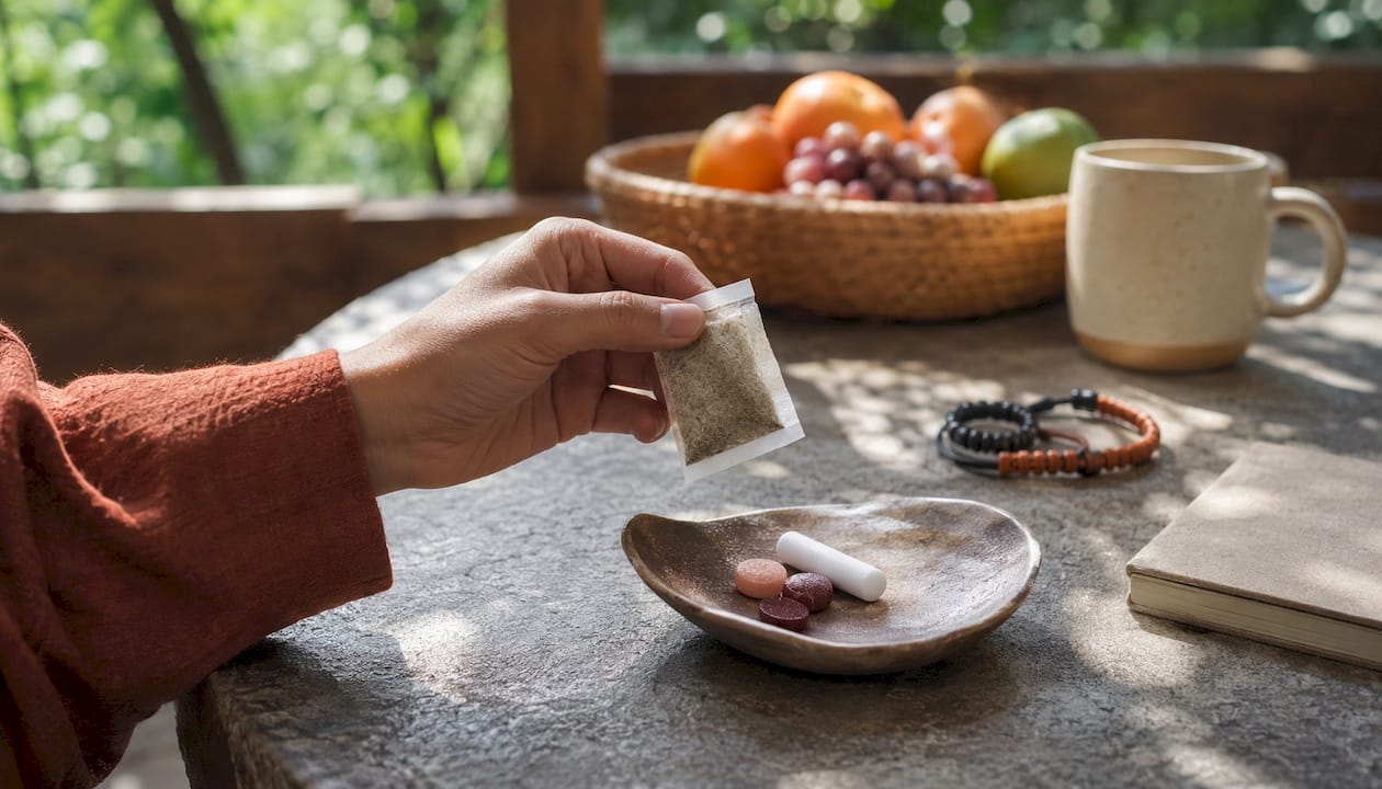 Close-up of hand holding herbal pouch with oral aids
