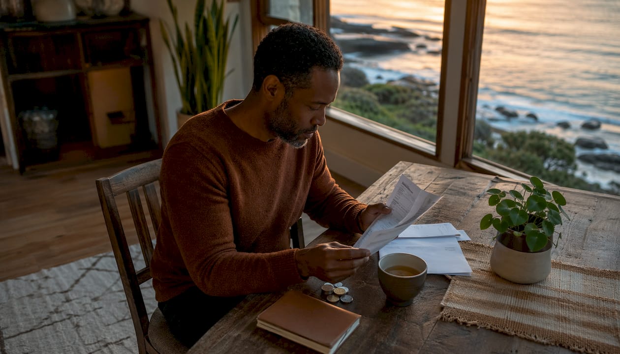 Man reviewing bills feeling stress at home