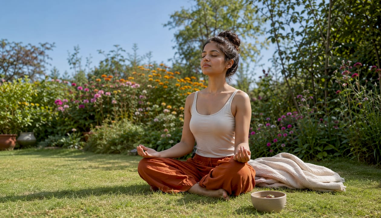 Woman practicing paced breathing for stress