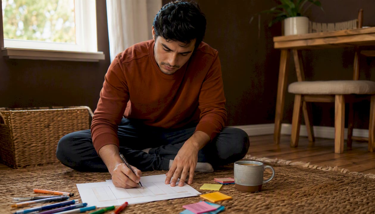 Man organizing materials for smoking trigger log