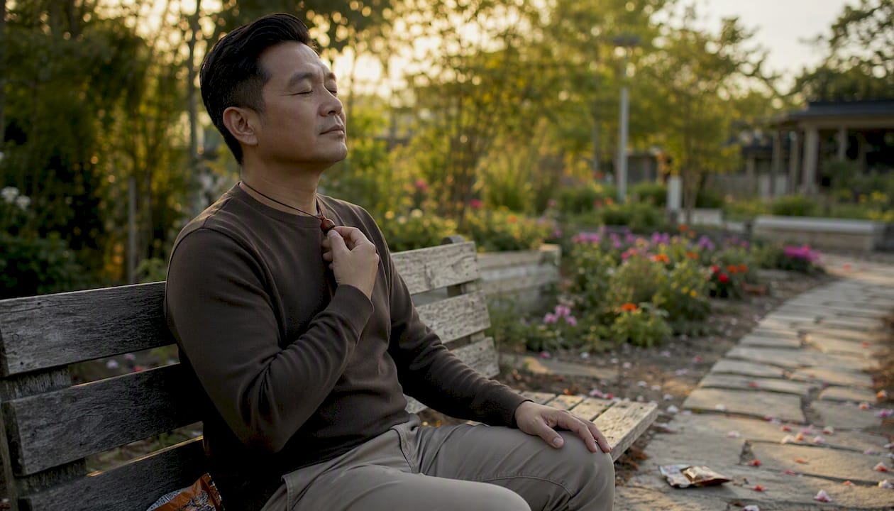 Elderly man using resistance necklace in park