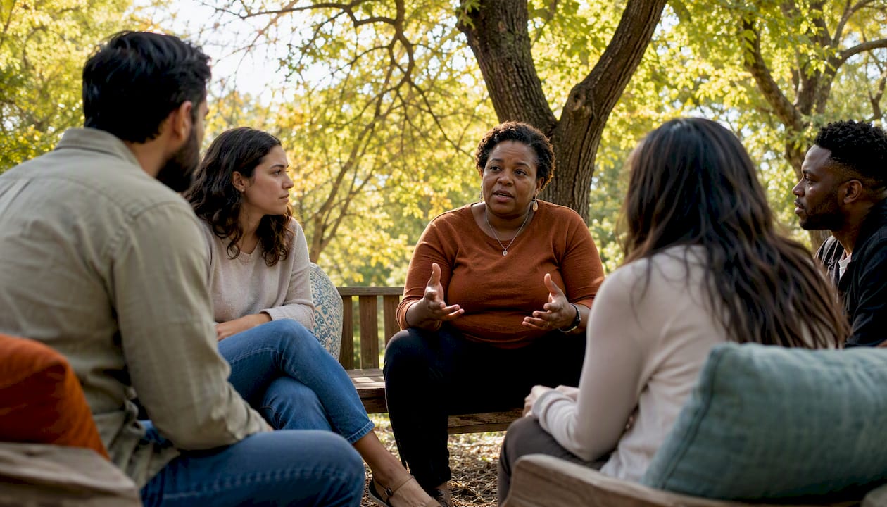 Support group discussing nicotine cravings