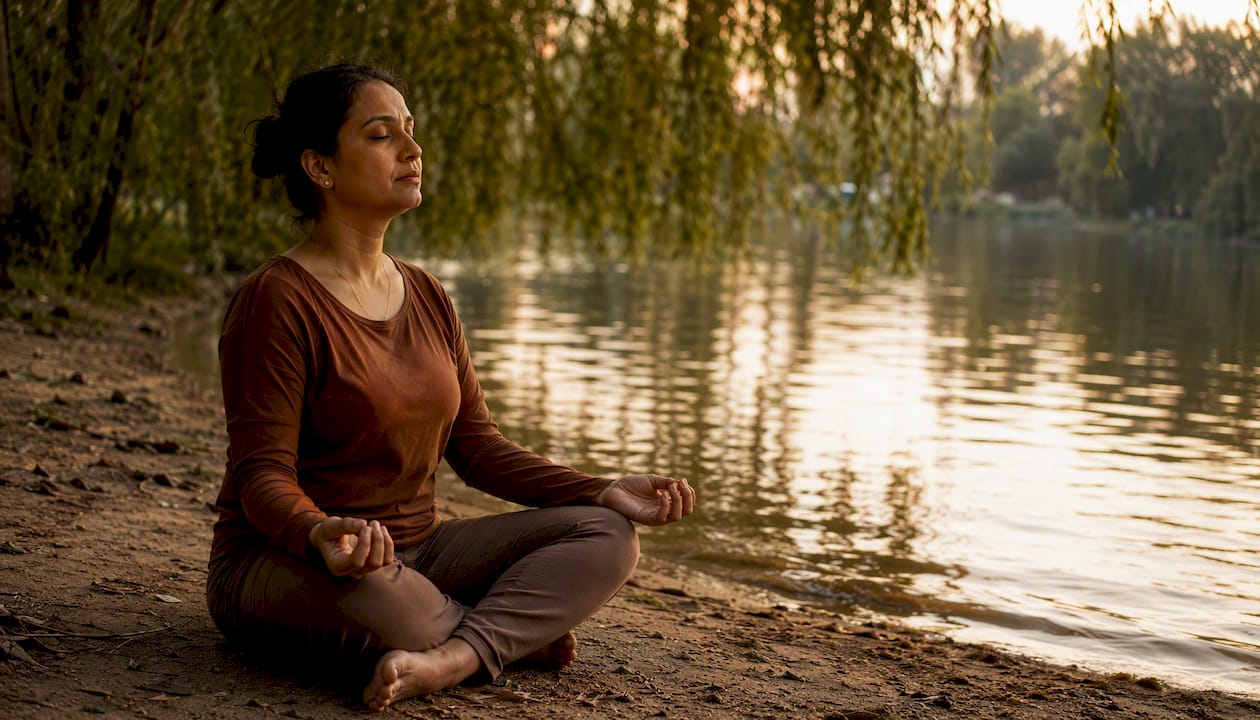Woman practicing breathing exercise for anxiety