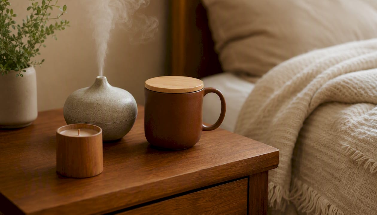 Bedside table with calming sleep aids