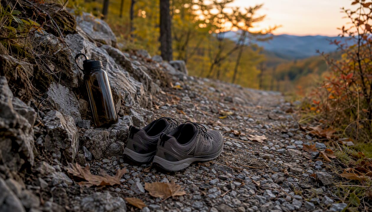 Walking shoes and water bottle on forest path
