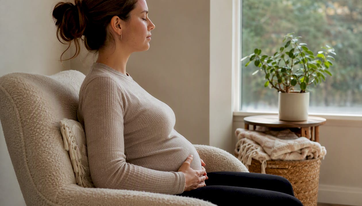 Person demonstrating diaphragmatic breathing posture indoors