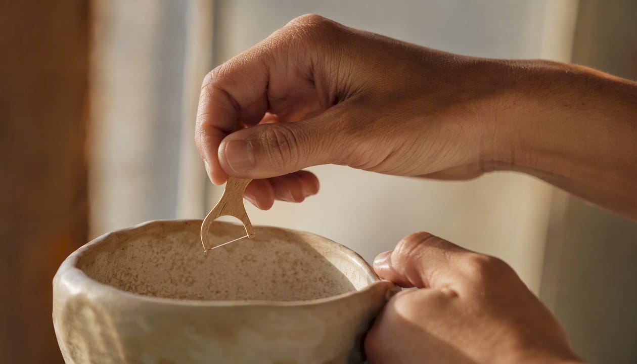 Hands holding toothpick for oral ritual