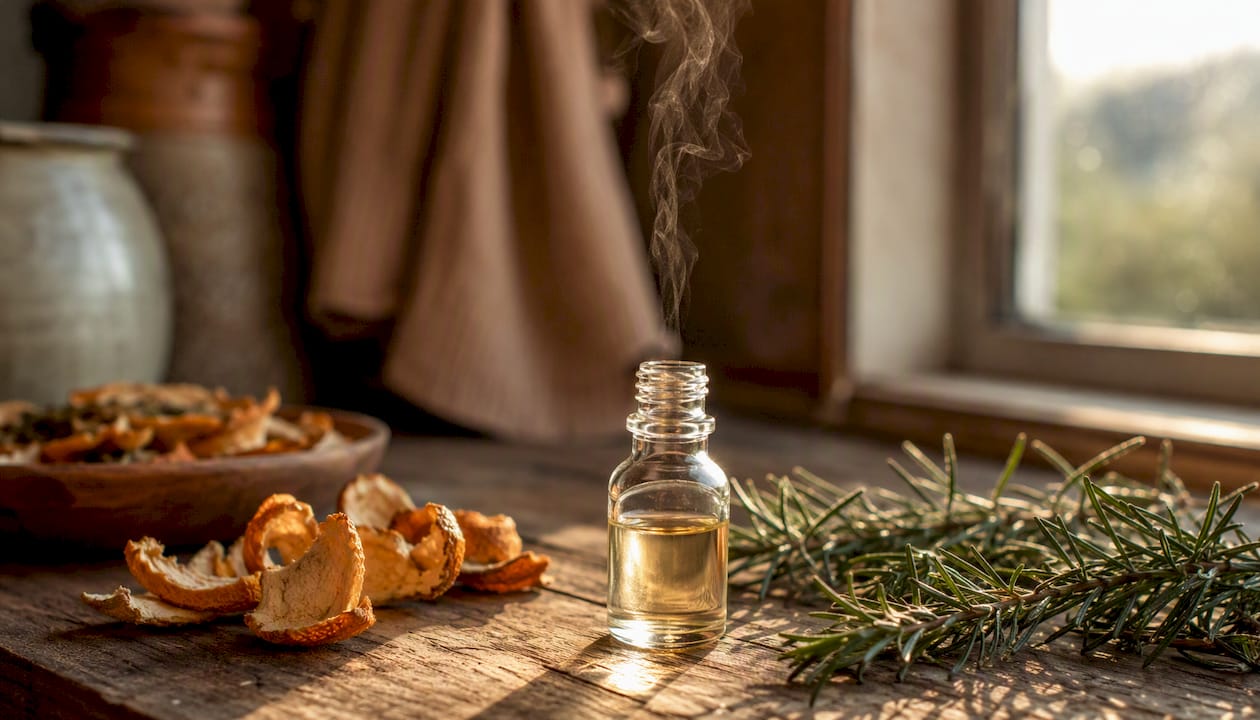 Essential oil droplets above vial with herbs