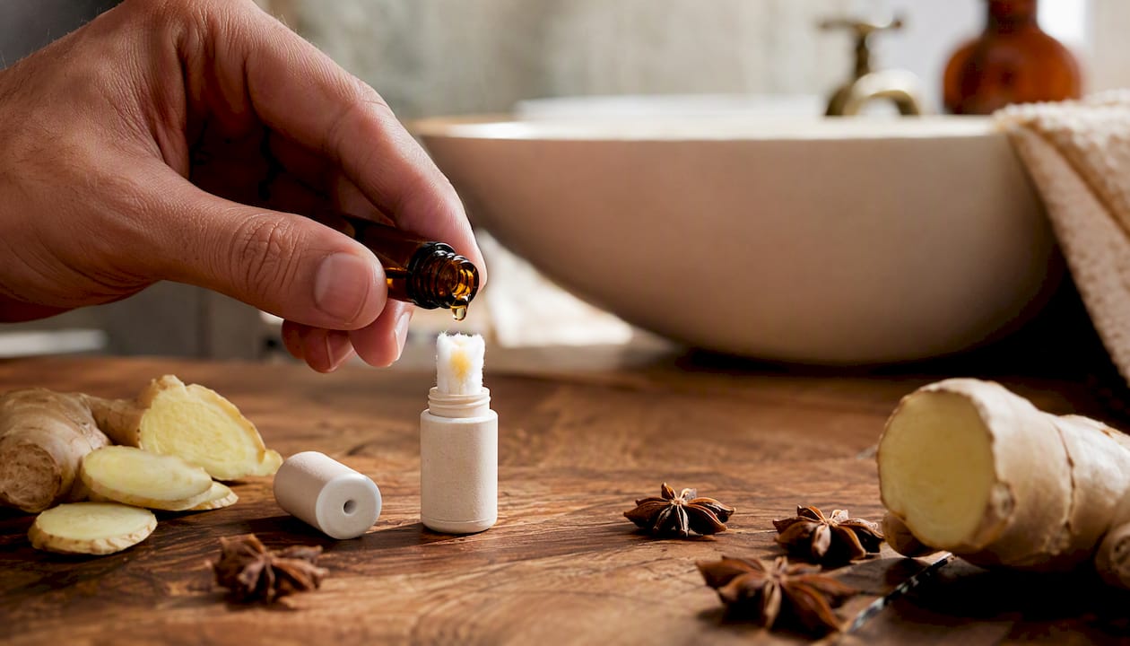 Close-up of essential oil inhaler cotton wick with oil drops