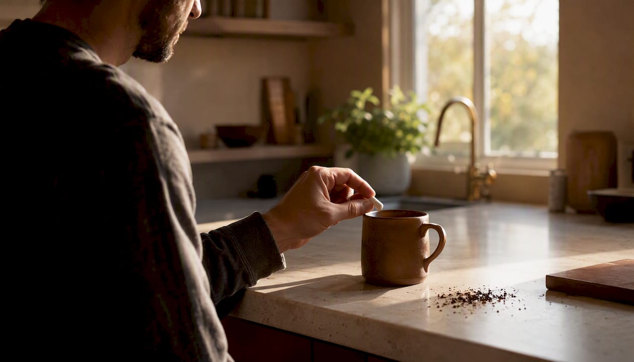 Hand holding oral substitute at coffee cup