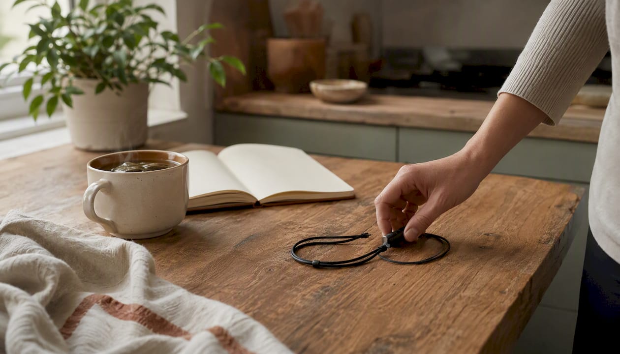 Hand reaching for resistance necklace at coffee break