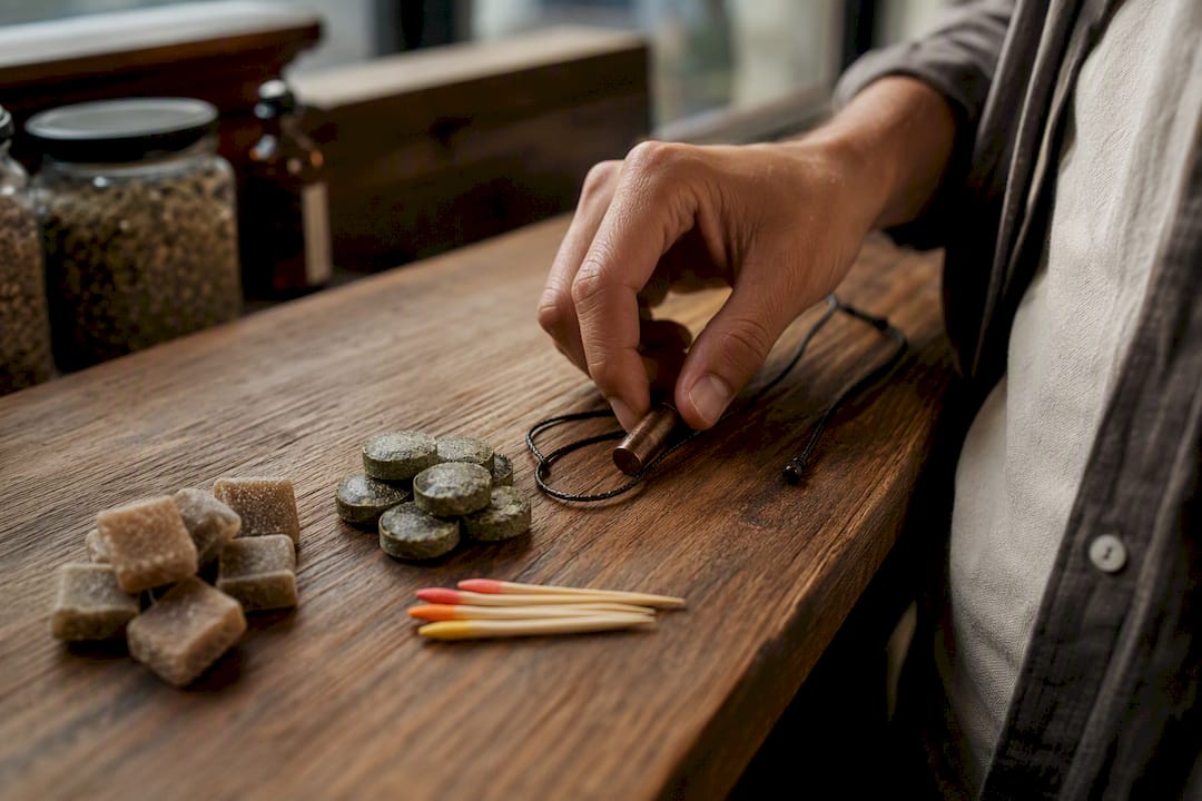 Hand arranging oral quit-smoking substitutes on table